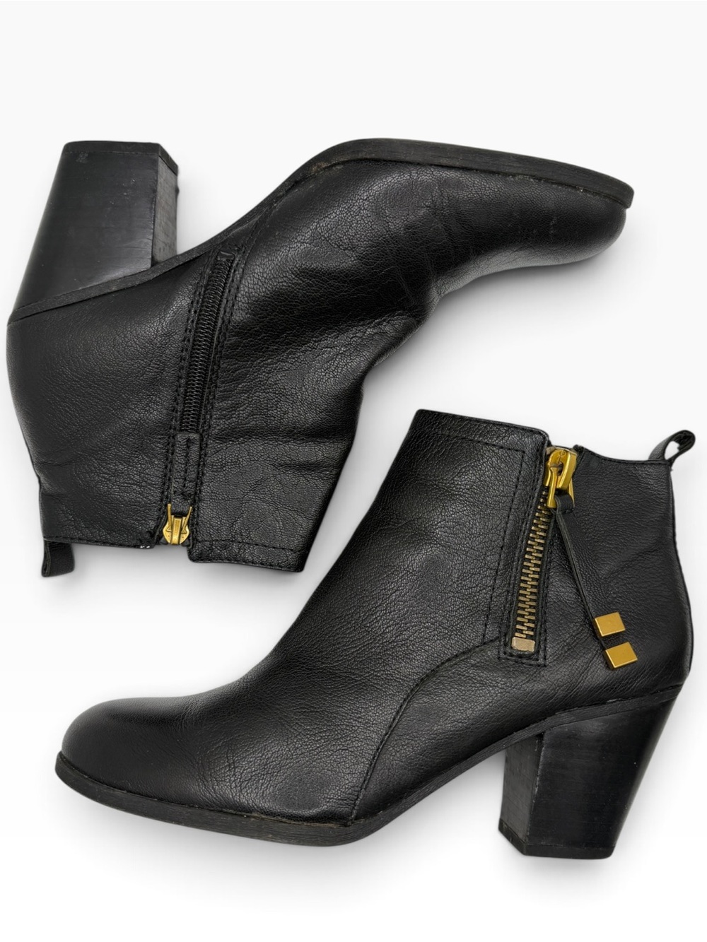 Franco Sarto Black Leather Ankle Boots with Gold Zipper Accents - Size 9